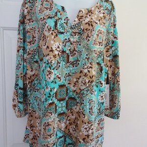 Women's Plus Size XL Aqua/BrownTunic Top- NEW